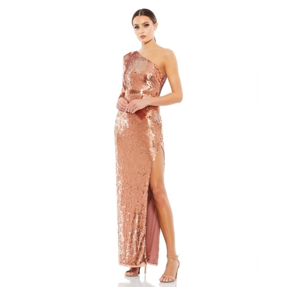 Mac Duggal Size 2 Copper Sequins One Shoulder Long Sleeve Column‎ Gown with Slit